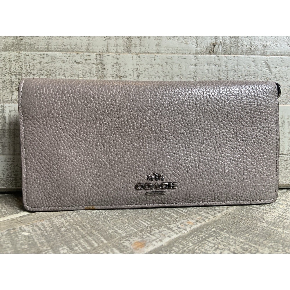 Coach Slim Trifold Wallet Taupe / Light Khaki Pebbled Crossgrain Leather 7.5x3.5